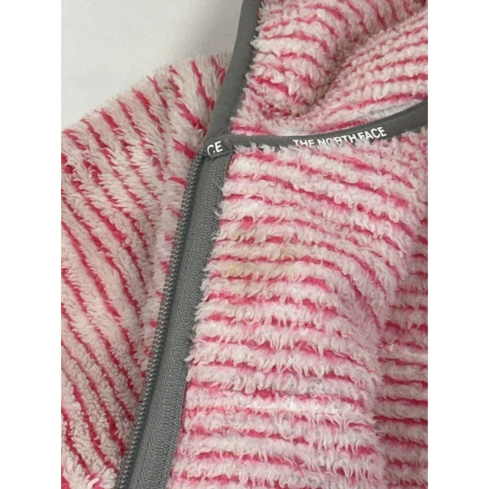 The North Face Girls Pink White Striped Full Zip Hooded‎ Fleece Jacket L (14/16)